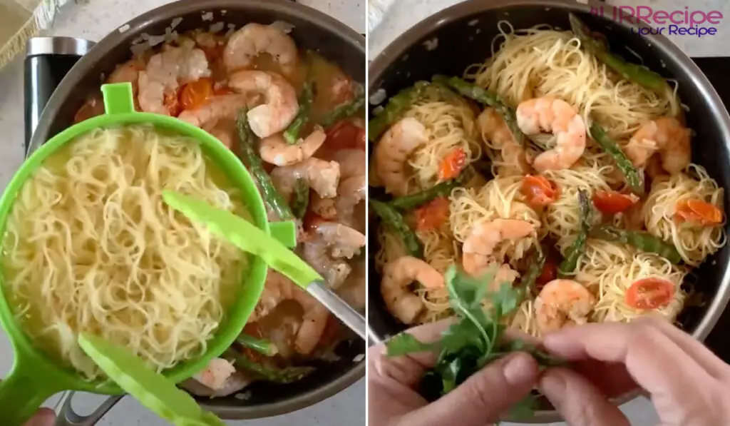 Add pasta in the pot with shrimp and tomatoes