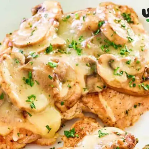 Closeup photo of Texas Roadhouse Portobello Mushroom Chicken Dish on White plate