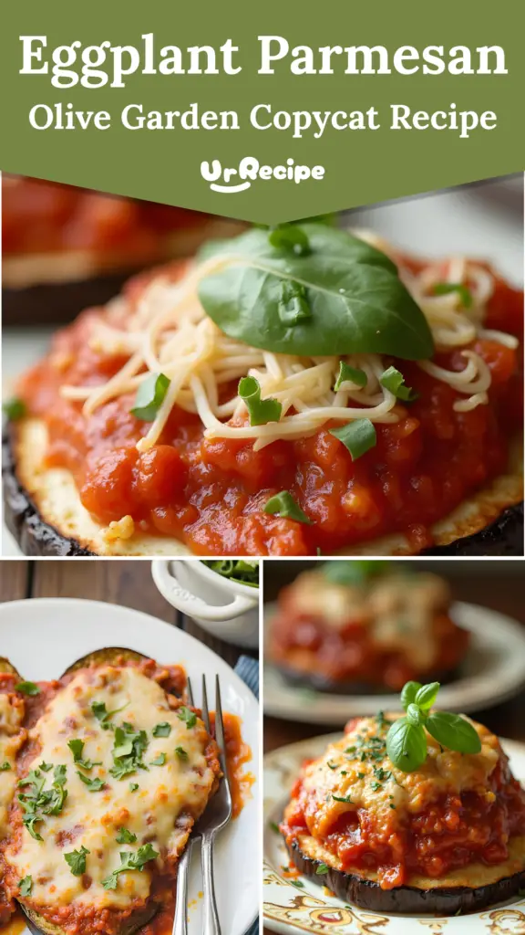 3 different angles of plated and served Olive Garden Eggplant Parmesan Recipe with heading text saying Eggplant Parmesan